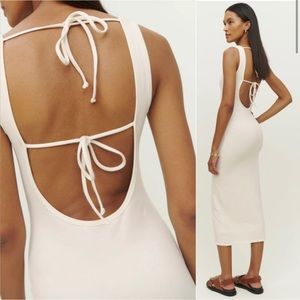 REFORMATION Nero Midi DRESS Size S Open Back Ivory Stretch Cotton Bodycon Tie
